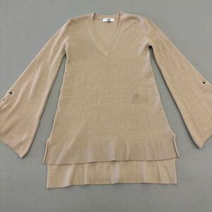 Tan V-Neck Sweater with Bell Sleeves